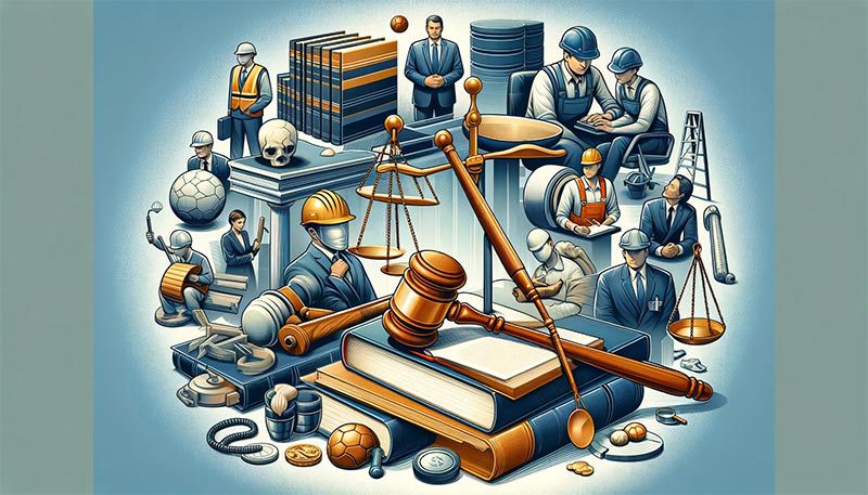 A professional and informative page image for a legal firm specializing in workers' compensation in Louisiana. The image should include a balanced composition of elements that represent the content: a gavel and law books to symbolize legal expertise, a depiction of different types of workplace injuries like slip and fall, equipment-related harm, and carpal tunnel syndrome, and a representation of workers from various industries to emphasize the diversity of clients. The image should convey a sense of trustworthiness, expertise, and commitment to justice. The color scheme should be professional, using shades of blue and gold to evoke a sense of reliability and confidence.
